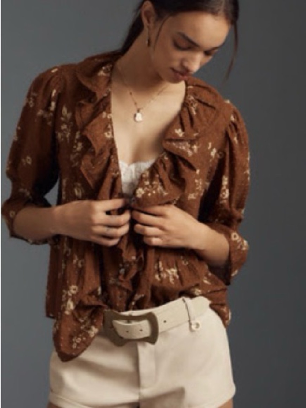 Anthropologie Brown Floral Ruffled Button-Front Blouse